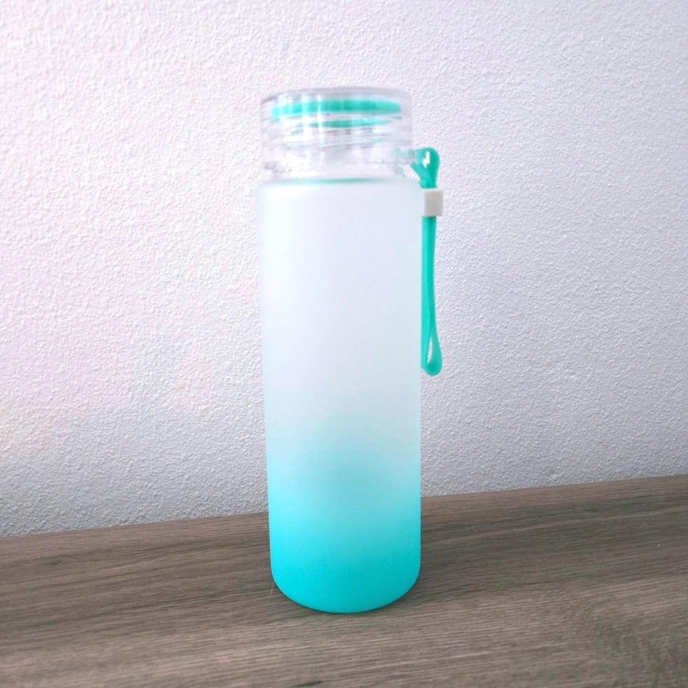Frosted Sublimation Glass Water Bottle Teal‎ Ombre Gradient with Lid 500ml